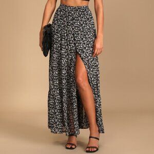 Lulus Subtle Sweetness Black Floral Print Tiered Maxi Skirt - Size XL
